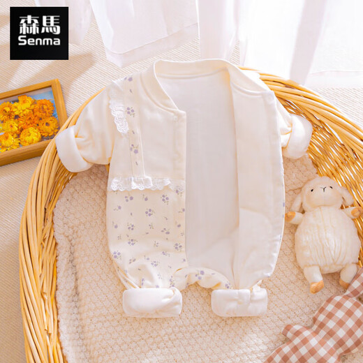 Semir children's baby girl's one-piece autumn and winter quilted full-month baby girl's rompers, cotton clothing, thin cotton clothing, outdoor clothing, winter clothing, straps, flower side beige 80cm