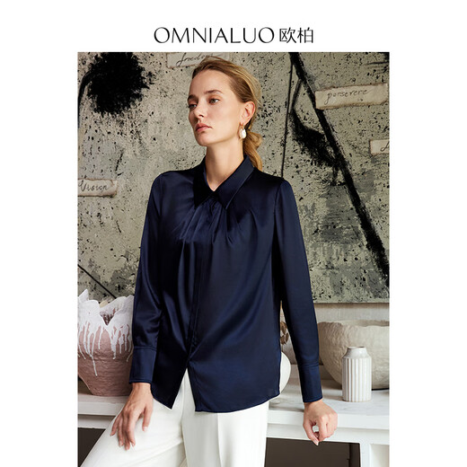 OMNIALUO shopping mall same style high-end French heavy silk top women's long-sleeved 2025 autumn OL temperament mulberry silk shirt B35 navy S