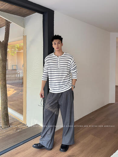 LIIS Lyocell Linen Autumn Relaxed Striped Sweater Men's Loose Casual Henley Collar Long Sleeve Brown S90-120Jin Jin equals 0.5kg One size fits all