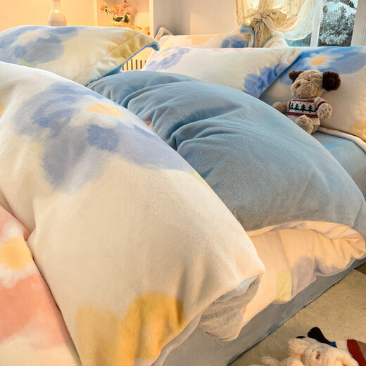 Fu丨Anna winter milk velvet quilt cover single 150x200x230cm single plus velvet quilt cover four-piece set colorful flower + baby blue 1.5m bed sheet four-piece quilt cover 180cm*220cm
