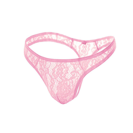 Men's thong ice silk summer mesh sexy bumpy low-waist lace transparent back empty T-pants thong men's trendy pink M waist 1'8-2'1