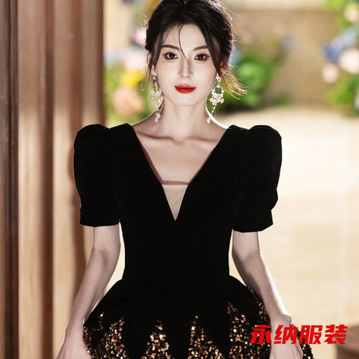 Mei Anjia black V-neck evening dress high-end light luxury niche host catwalk solo performance test clothing elegant lady black 2XL