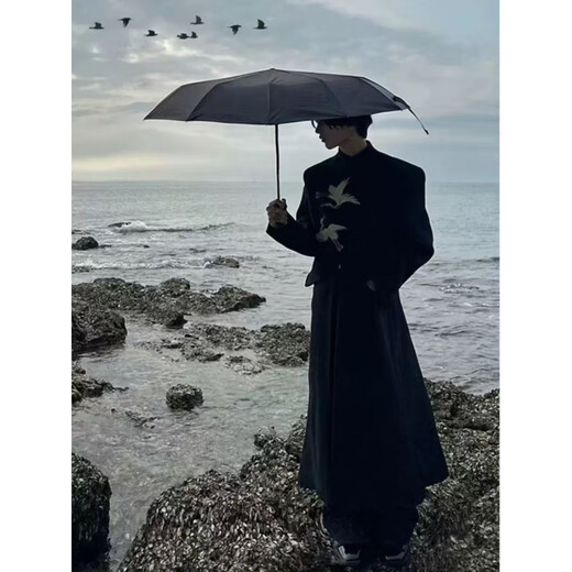 The new Chinese style men's crane embroidered woolen coat men's autumn and winter hidden button mid-length stand-up collar windbreaker jacket suit Crane embroidered jacket + white bottoming shirt + black trousers M recommended 90-105 Jin Jin equals 0.5 kg