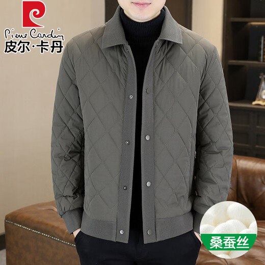 Pierre Cardin Mulberry Silk Cotton Jacket Men's High-End Lightweight Cotton Jacket Diamond Check Dad Autumn and Winter Jacket Warm Down Cotton Jacket Men Gray XL