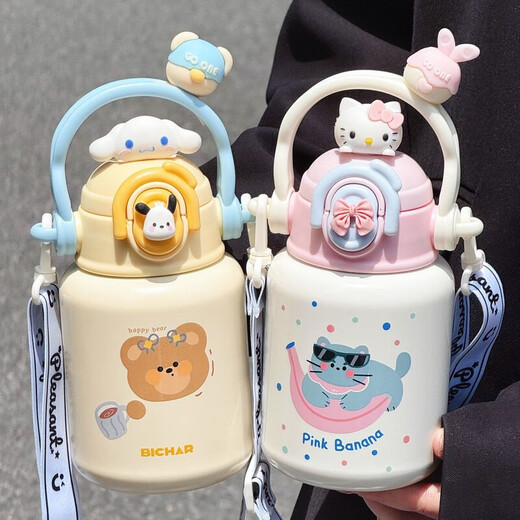 Fantasy Hello Kitty thermos cup for children, cute and good-looking water cup for girls, Sanrio DIY large-capacity straw pot, kitty cat (relaxed blue cat) 550mL, cleaning brush, non-slip bottom + portable + strap + two drinks + paint process