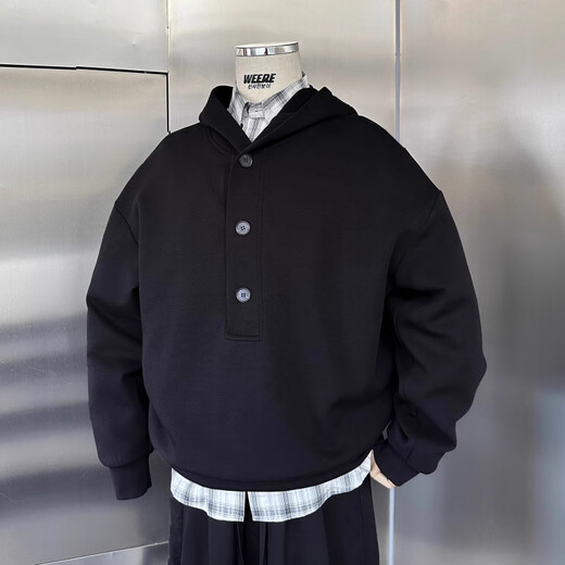 Vimadtly retro 350g air layer henley collar loose hooded sweatshirt men black S