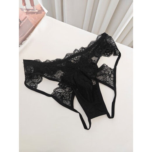 Universal men's new super sexy underwear briefs with bells, rear crotch exposed buttocks, lace belt cover, self-defense double thong black black bag egg 80130Jin Jin is equal to 0.5 kg