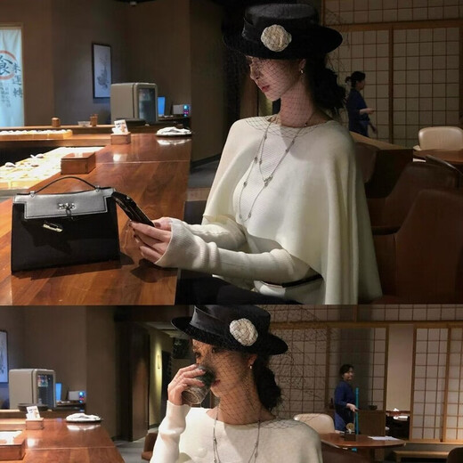 Midelle's Republic of China retro hat Hepburn style black flat hat mesh camellia French retro hat autumn and winter name mesh camellia French retro hat sense