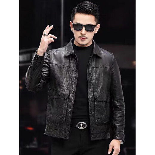 KBXNG Jinba leather jacket men's short oil wax first layer sheepskin new lapel spring and autumn wallet men's jacket black-single style black-single style M 170/-recommended 90-120Jin Jin is equal to 0.5 kg
