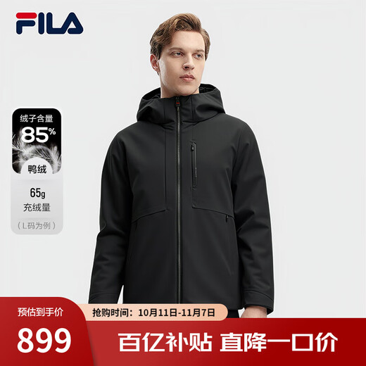 FILA Offizielle leichte Daunenjacke für Herren, Winter, Business, Casual, mit Kapuze, warme Jacke, True Black-BK XL 180/100A
