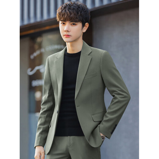 AX Armani men's brown suit spring and autumn slim handsome casual small suit jacket men's Korean version trendy knot blue gray suit (suit + pants) XL