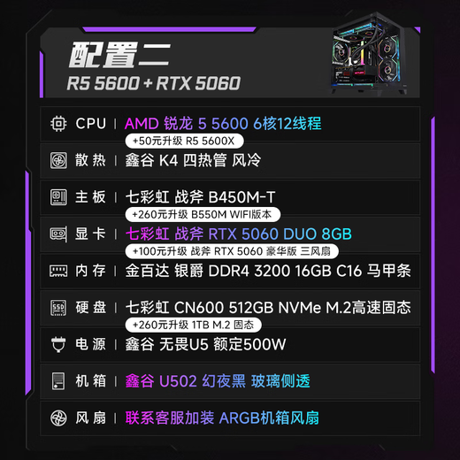 Colorful AMD 5600X/5700X/5050/5060/5060ti DIY game console assembly computer design live broadcast desktop computer 3A masterpiece with two 5600+RTX5060 black single console