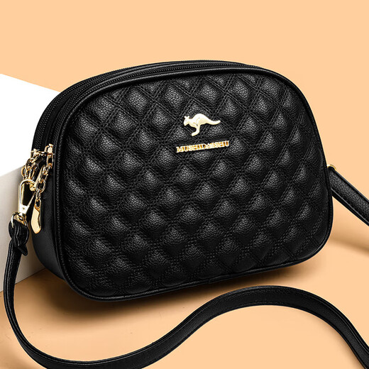 Soft leather three-layer middle-aged mother embroidery small round bag for women 2025 new fashion versatile diamond shoulder crossbody bag black