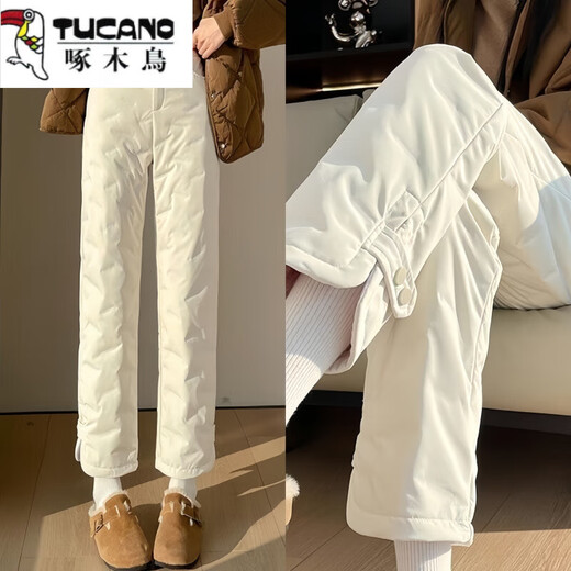 Woodpecker winter outer wear thickened fashionable straight pants 2025 new cold-proof small warm large size loose cotton pants for women beige M recommended 80-100Jin Jin equals 0.5 kg