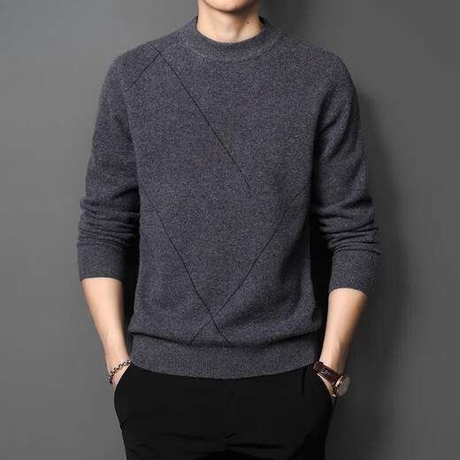 XJSGS international high-end brand wool sweater men's new 2026 autumn and winter thickened round neck sweater knitted bottoming shirt high-end 806 medium gray counter same style winter style M 170