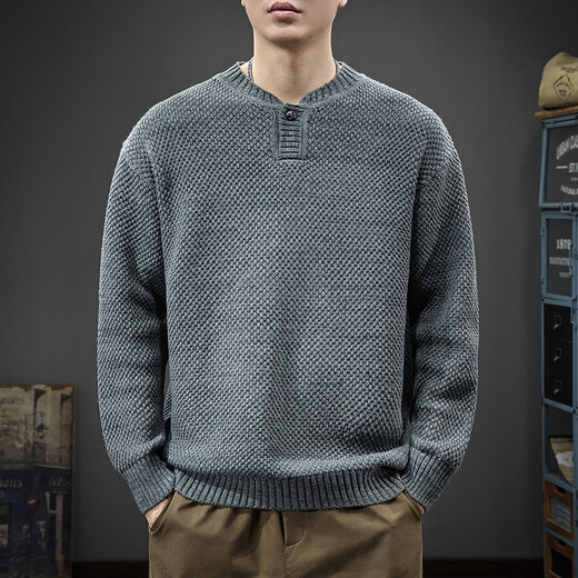 Chaotishi Autumn Trendy Japanese Retro Henley Collar Sweater Men's Pullover Loose Knitwear Autumn and Winter New Style Inner Sweater Floral Gray S 90-115Jin Jin is equal to 0.5 kg