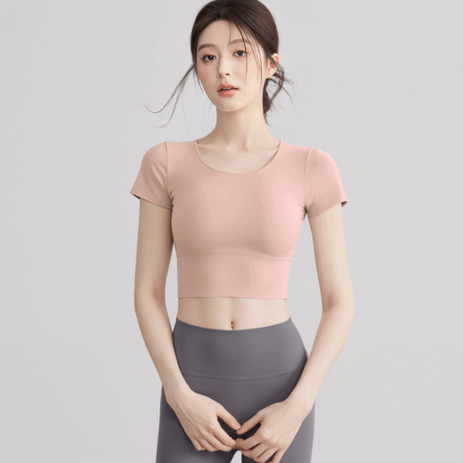 VOJ Yoga Wear Women's New Style Short-Sleeved Sports Fitness Pilates Training Wear with Breast Pads Women's Tops and Beautiful Back Set Ginkgo Super Stable Cup S Recommended Weight 95Jin Jin is equal to within 0.5kg