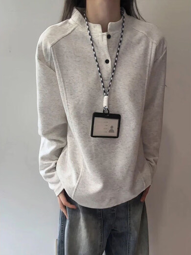 LIIS shirt Henry collar long-sleeved shirt for men in autumn deconstructed splicing design right shoulder bottoming shirt autumn sweatshirt trend white gray M (90-120Jin Jin equals 0.5 kg) One size