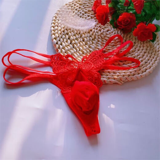 Men's Sexy No-Take-Off Hollow T-string Seamless Thin Strap Couple Temptation Butterfly Embroidered T-Pants Breathable Rose Red One Pack One Size 100-130Jin Jin is equal to 0.5 kg