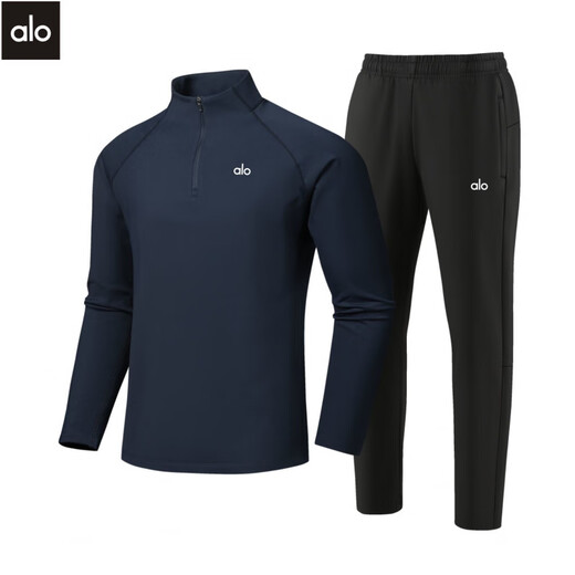 ALO YOGA autumn and winter sports and leisure suit stand-up collar sweatshirt trousers elastic fitness breathable men's warm two-piece suit black top + black pants suit (ALO-251011) M (95-115Jin Jin equals 0.5 kg)