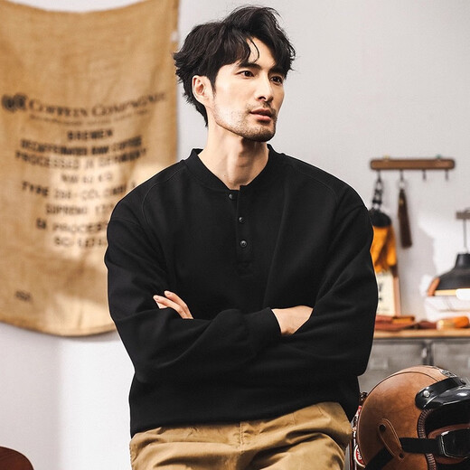 Cardano Warm Autumn American Retro Heavy Sweatshirt Men's Autumn Trendy Henry Collar Half Cardigan Jacket Men's Spring and Autumn Style Long Sleeve PO Black _ 350g Heavy M _Suitable for 100-125Jin Jin is equal to 0.5 kg