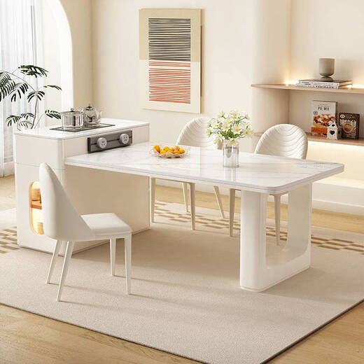 Pupan cream style slate island dining table tea table integrated retractable home small apartment light luxury modern restaurant dining table 1.4+0.4 meters fixed socket white + glossy snow mountain white island dining table flat style