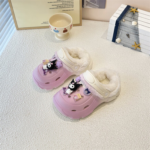 Children's cotton slippers, non-slip, warm, cute cartoon Kuromi girls' slippers plus velvet clogs, indoor and outdoor shoes, purple, size 28-29, inner length 18cm
