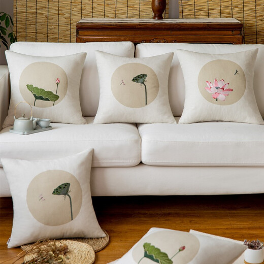 Jinse Huanian new Chinese style living room linen cushion Chinese style embroidered cotton and linen sofa pillow home backrest bag back cushion pillowcase lotus leaf style 45x45cm pillowcase [excluding core]