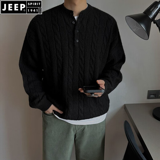 JEEP SPIRIT Lazy Henry Collar Sweater Men's Autumn and Winter Style Korean Style Casual Loose Niche Knitwear Men Navy Blue M