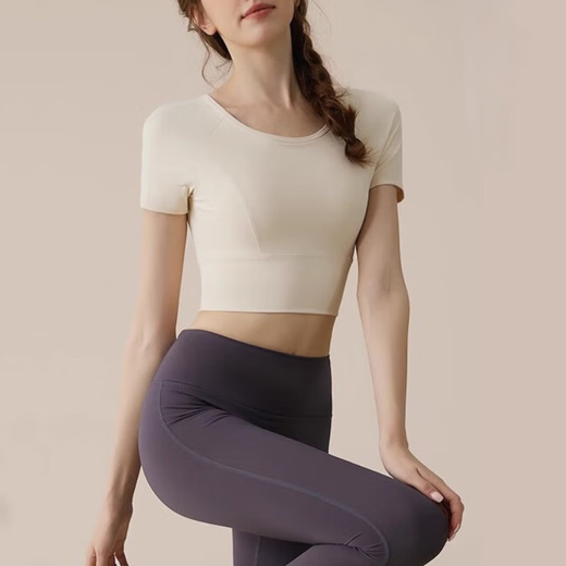 Bai Qixin Yoga Wear Suit Women's Running Sports Fitness Wear Pilates Training Wear With Chest Pad T-Shirt Short Sleeve Quick-Drying Clothes Yoga Wear Suit Ivory White + Sauce Purple Gray L