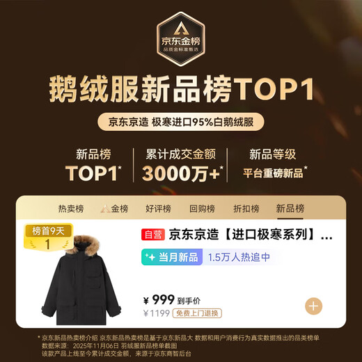 京东京造【进口极寒95鹅绒服】羽绒服男外套女冬季新款中长款 曜石黑 3XL