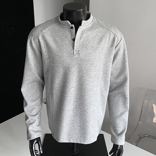 Homlean American Henry collar long-sleeved T-shirt men's autumn new loose shoulder casual polo shirt HB98 light gray 4XL