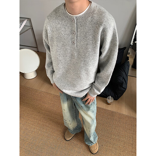 Xiaotu Daren American Henry Collar Sweater Men's Autumn and Winter Lazy High-Quality Knitwear High Street Trendy Versatile Warm Top Light Gray XL