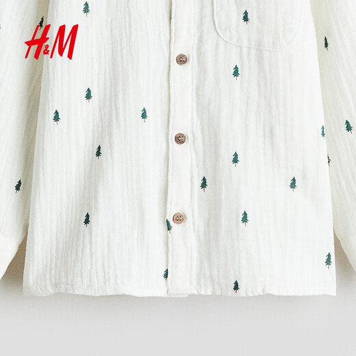 H&M Children's Clothing Children's Boys' Shirts 2026 Spring New Cotton Muslin Chinese Collar Collarless Shirt 1254677 White/Fir Tree 150 150/76 (11-12Y)