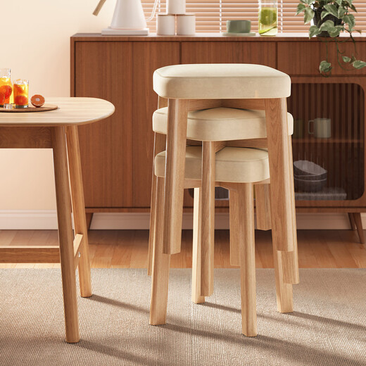 Fantasy solid wood dining chairs stackable soft-covered stools household dining tables and chairs simple wooden dressing stools chairs leisure chairs flat soft-covered walnut + dark green - oil wax leather solid wood legs