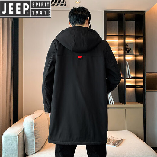 JEEP SPIRIT外套男士2025秋冬季加绒加厚保暖中长款风衣冬季潮牌防风连帽夹克 黑色 2XL