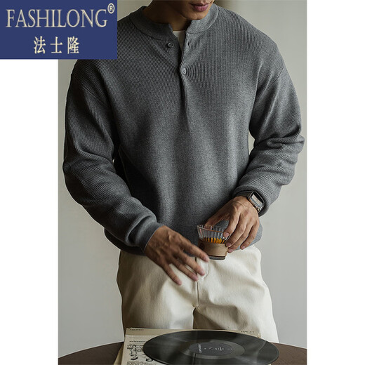 Fassilon 7-needle core-spun yarn Henry collar sweater for men 2025 autumn and winter new old money style casual sweater top for men Grey/trade wind gray M (170/92A)