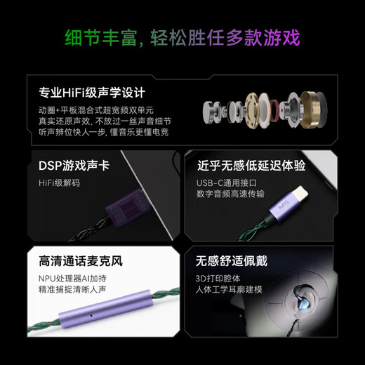 Shuiyueyu Beam RAYS In-ear Game Wired Headphones TypeC Professional E-Sports Game Sound Card Mobile Game Listening and Positioning AI Noise Reduction Microphone Universal for Mobile Phones and Computers Beam RAYS