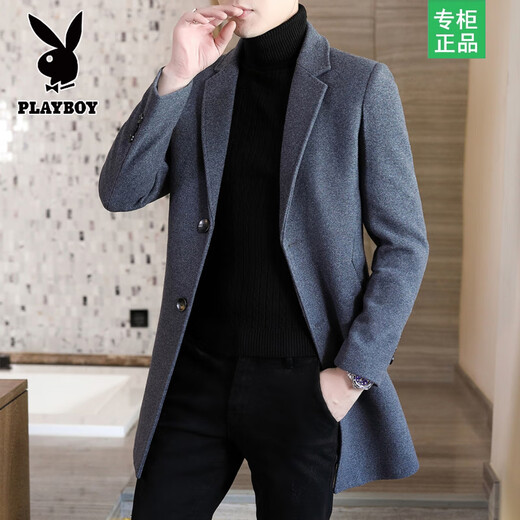 Playboy autumn and winter men's windbreaker mid-length Korean style slim woolen men's coat handsome high-end long woolen coat F81 black cotton thickened 2XL (130-145Jin Jin equals 0.5kg)