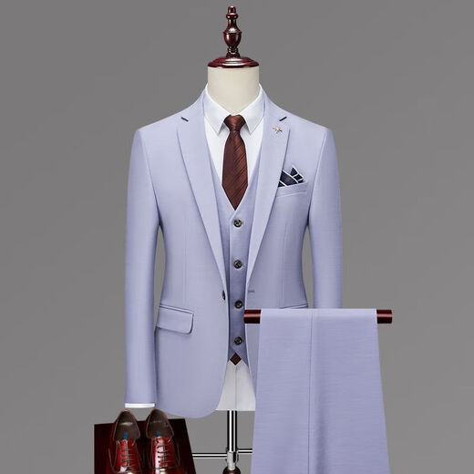 BIEMLFDLKK BG Biyinlefen same style three-piece men's suit suit business professional formal small suit Korean version slim fit denim blue S