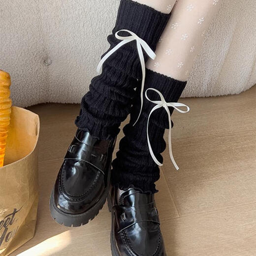 Shiganu long bow knitted socks for women autumn and winter thickened leg warmers black long pile socks jk Japanese socks black socks 40cm + white bow
