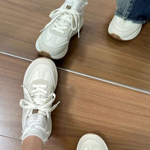 Winter new lightweight thick-soled sports shoes for women 2025 new Chinese chic casual running dad shoes beige upgraded version 35 rapid delivery within 24 hours