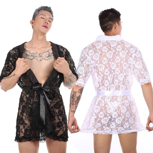 Lace floral bathrobe for men, sexy transparent mid-length pajamas, lace-up bath skirt, home wear nightgown, 1 piece black + 1 piece white, 2 pairs of thongs 170-175()