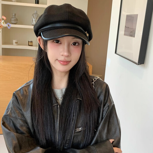 Tokishima beret autumn and winter hat black Japanese retro literary style octagonal female peaked cap female octagonal hat literary sense black one size