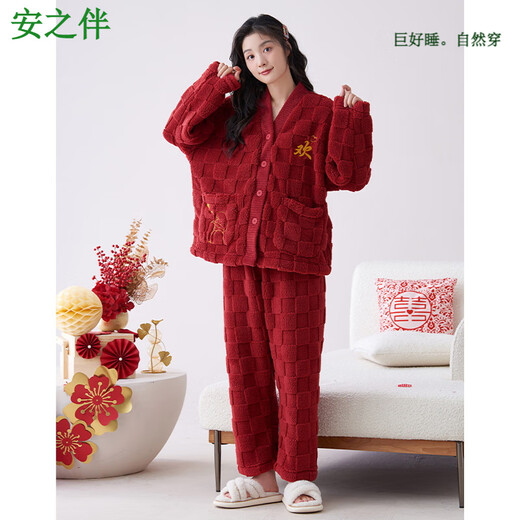 Anzhiban couple pajamas autumn and winter women's coral velvet red wedding newlywed animal year suit men's winter plus velvet S7910 female M