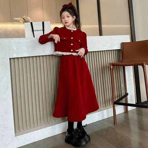 Girls New Year's Dress Winter 2026 New Red New Year's Greetings Girls' Velvet Thickened Skirt Children's Winter Clothes Red Suit 160