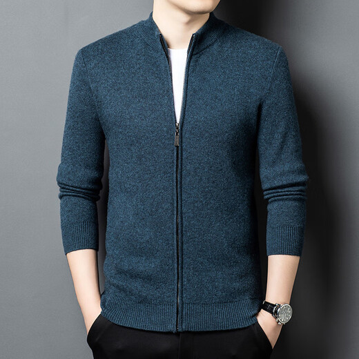 LILANG new autumn and winter woolen sweater jacket solid color knitted cardigan pure wool thickened warm woolen sweater men's black S 165