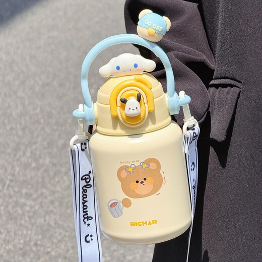 Fantasy Hello Kitty thermos cup for children, cute and good-looking water cup for girls, Sanrio DIY large-capacity straw pot, kitty cat (relaxed blue cat) 550mL, cleaning brush, non-slip bottom + portable + strap + two drinks + paint process