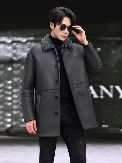 Yiwo Clothing New Original Ecological Fur One-piece Men's Genuine Leather Jacket Mid-Length Windbreaker Lapel Casual Warm Fur Jacket Winter Gray M 165M