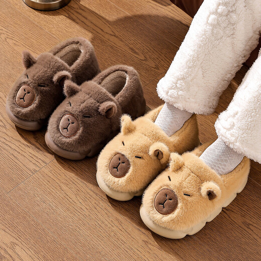 Bermuda Qingchen Kapibara children's cotton slippers girls bag heel winter home home indoor baby plush warm parent-child cotton shoes for men light coffee Kapibara 34-35 inner length about 21cm